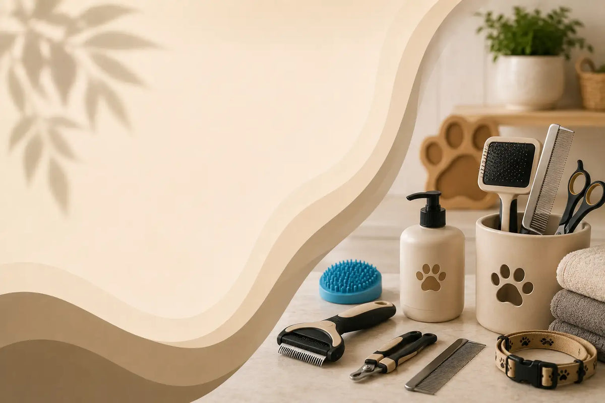 A styled arrangement of pet grooming tools and accessories on a tabletop, including a bottle and cup with paw-print details, a brush, comb, nail clipper, and a collar, set against a beige wavy background with soft shadows.