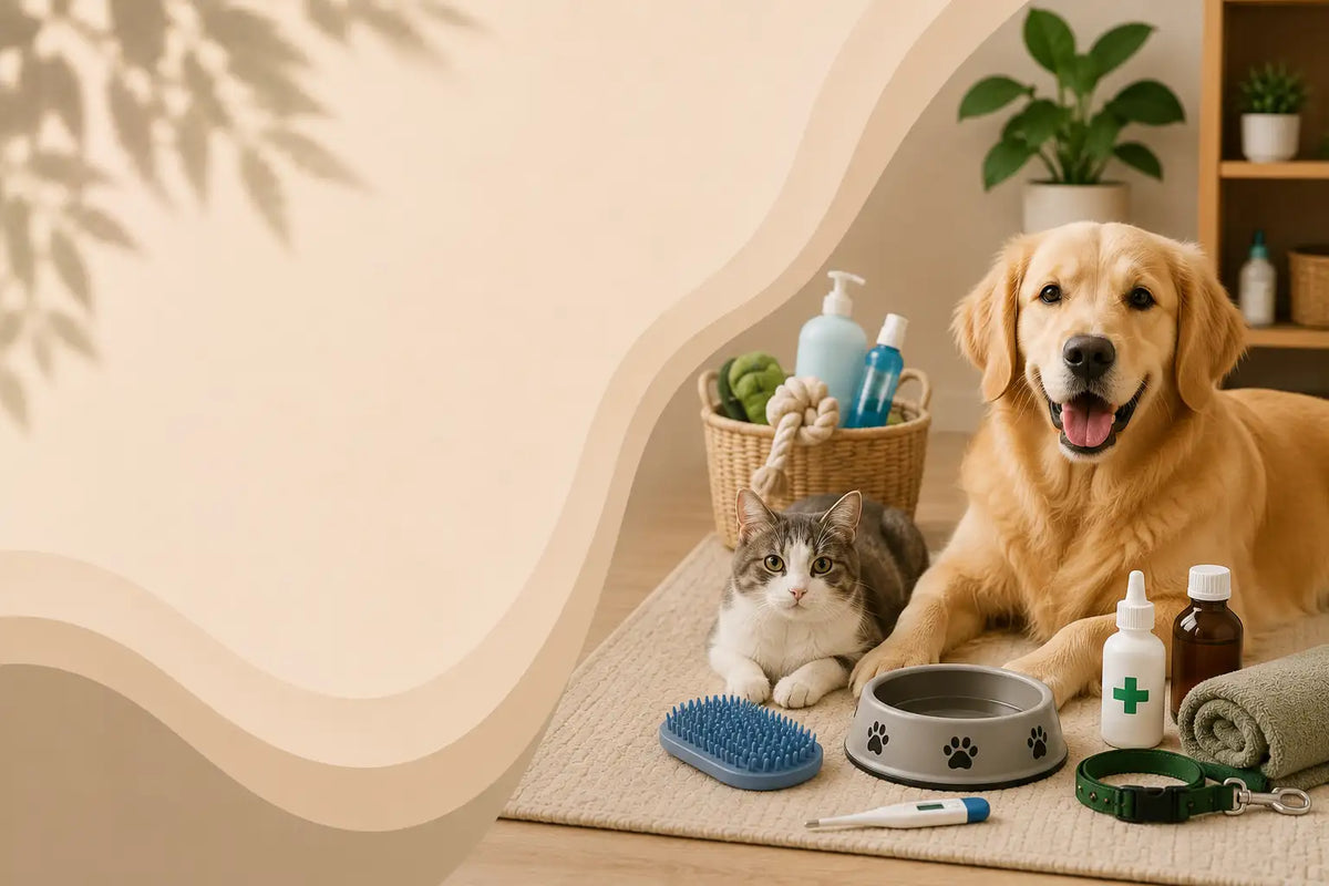 A golden retriever dog and a gray tabby cat sit together on a beige mat in a warm, styled room, surrounded by pet care items including a blue brush, a gray paw-print bowl, a thermometer, a green leash, and bottles in a basket.