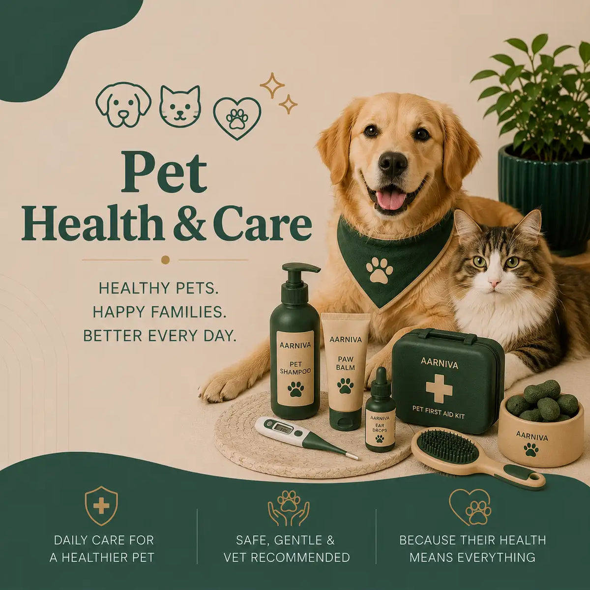 A promotional pet health and care set displayed with a golden retriever and a tabby cat. The set includes green and beige ARAIVIVA pet shampoo, pet balm, a small dropper bottle, a green first-aid kit, a thermometer, grooming brushes, and a bowl of treats.