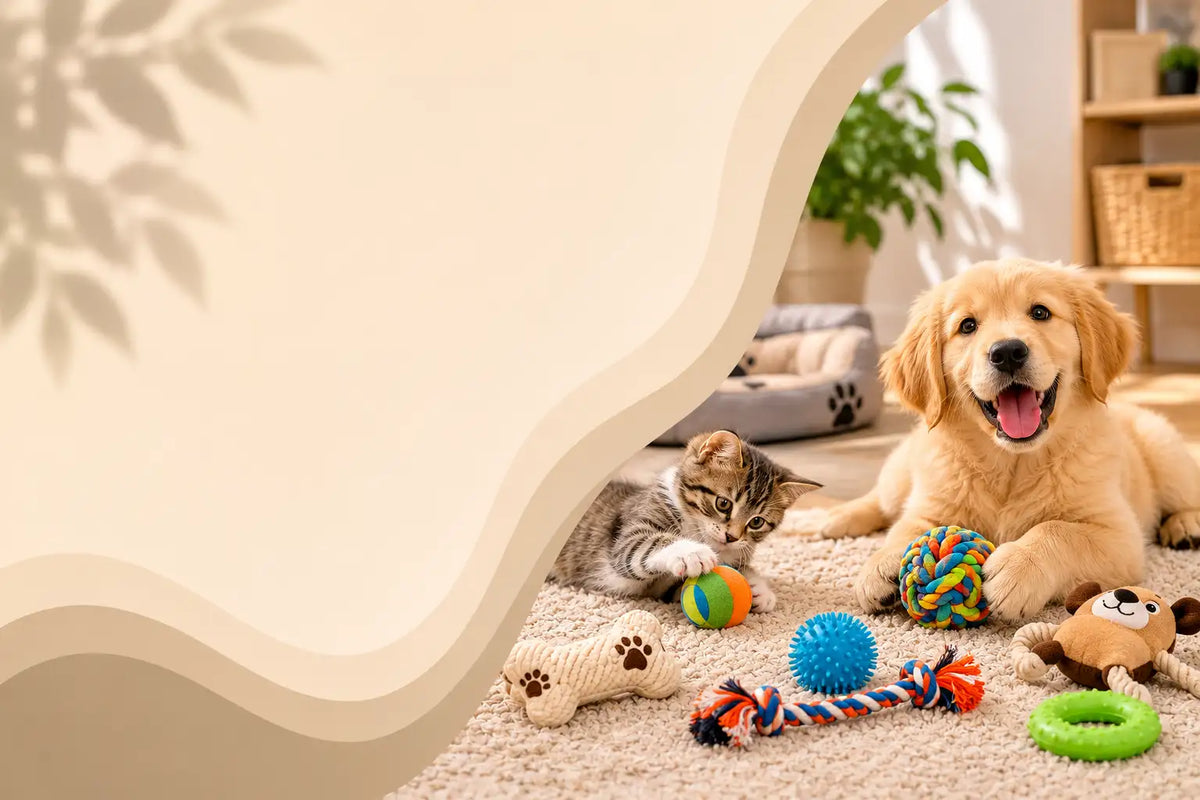 A golden retriever puppy and a small tabby kitten play with colorful pet toys on a beige carpet in a bright room, with a decorative wavy cream foreground overlay.