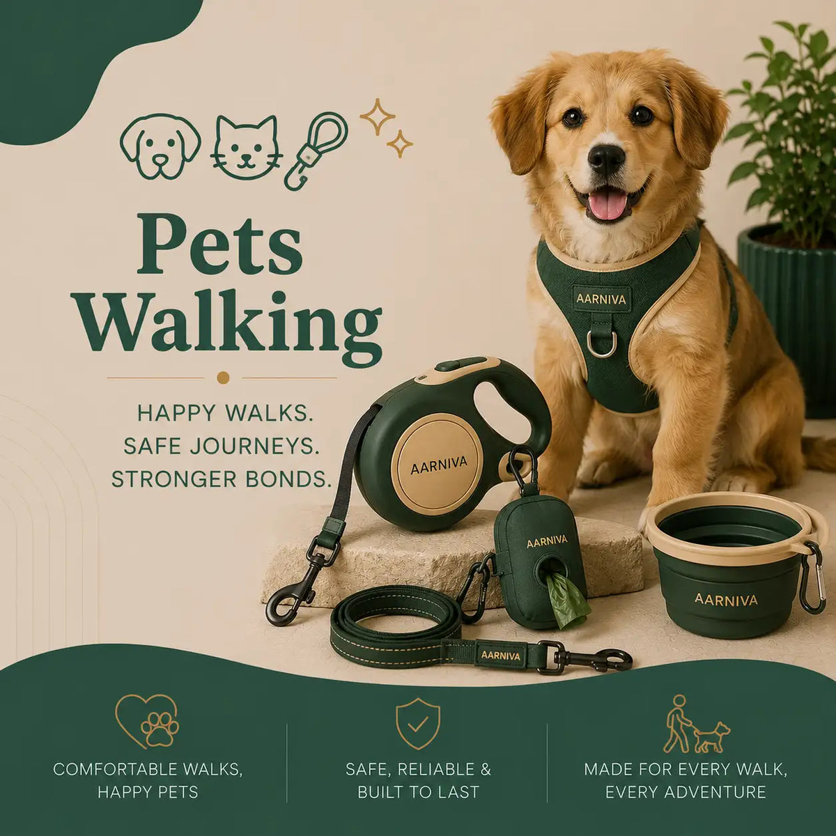 A golden retriever sits on a stone pedestal wearing a dark green AARNIVA pet harness, with matching AARNIVA retractable leash, leash collar, and collapsible bowl arranged in front. The scene is styled with a potted plant and decorative text reading 'Pets Walking' on a beige background with dark green accents.