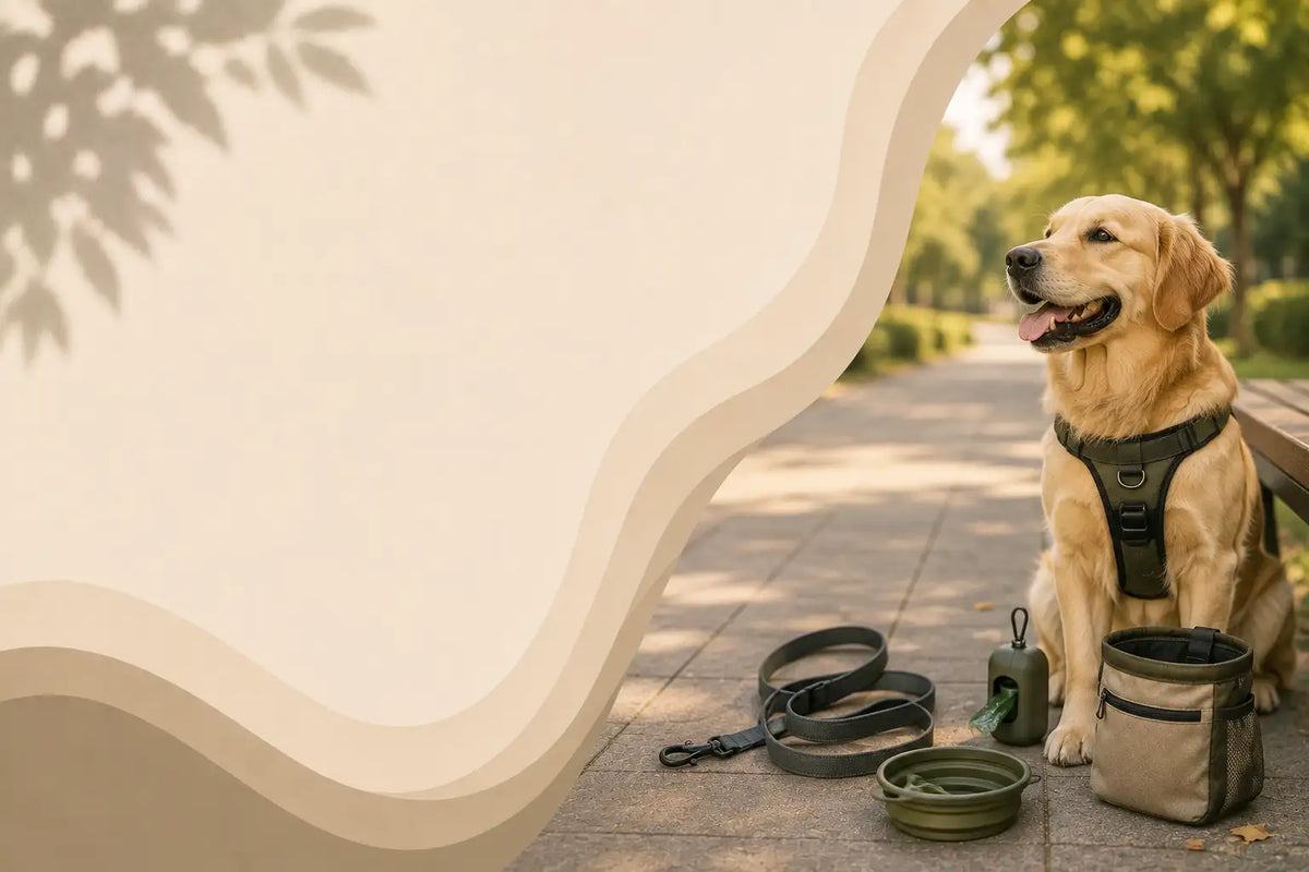 A golden retriever sits on a paved outdoor path wearing a black harness, with dog accessories including a leash, bowl, and bag placed beside it. A large beige decorative graphic overlay occupies the left side of the frame.