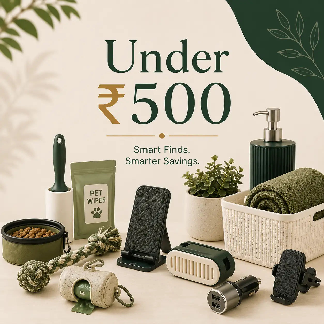 A promotional flat-lay featuring multiple pet-related and home accessories arranged on a beige surface with decorative leaves. Visible items include a pet bowl with kibble, a rope toy, a pet wipes pouch, a small plant in a pot, a rolled towel in a basket, a pump bottle, a phone stand, and charging accessories.