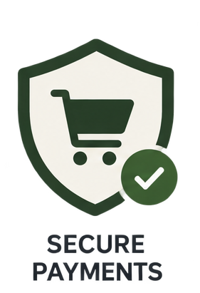 A digital graphic icon featuring a dark green shield with a shopping cart symbol inside, next to a dark green circle with a white checkmark. Below the icon, the text 'SECURE PAYMENTS' is written in dark gray capital letters on a solid white background.