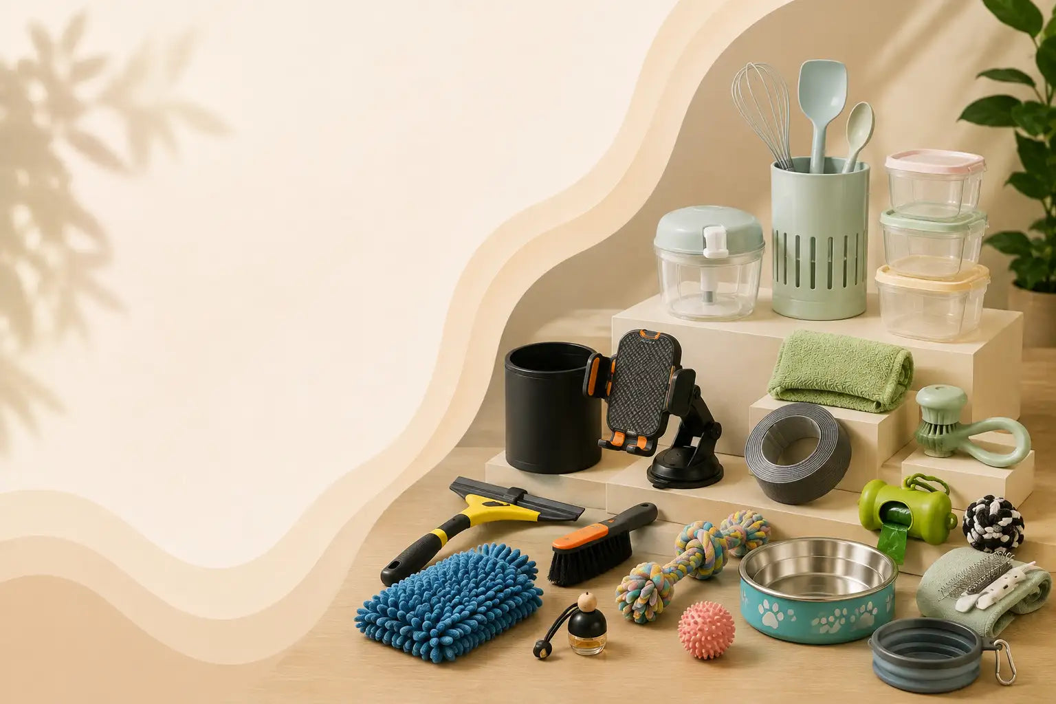 A styled product display of various home and pet care items arranged on beige geometric platforms and a wooden surface. The collection includes a mint green kitchen utensil holder, stacked clear storage containers, a black mug, a blue microfiber washcloth, a pink pet toy, a stainless steel bowl, and other small household accessories against a warm beige background with wavy lines and soft shadows.