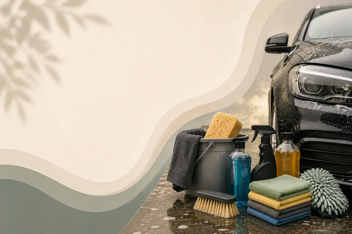 Car wash and cleaning kit arranged on a wet stone surface beside a black car, including a bucket with sponge and towel, spray bottles, folded cloths, a brush, and a duster, against a stylized beige and gray background.